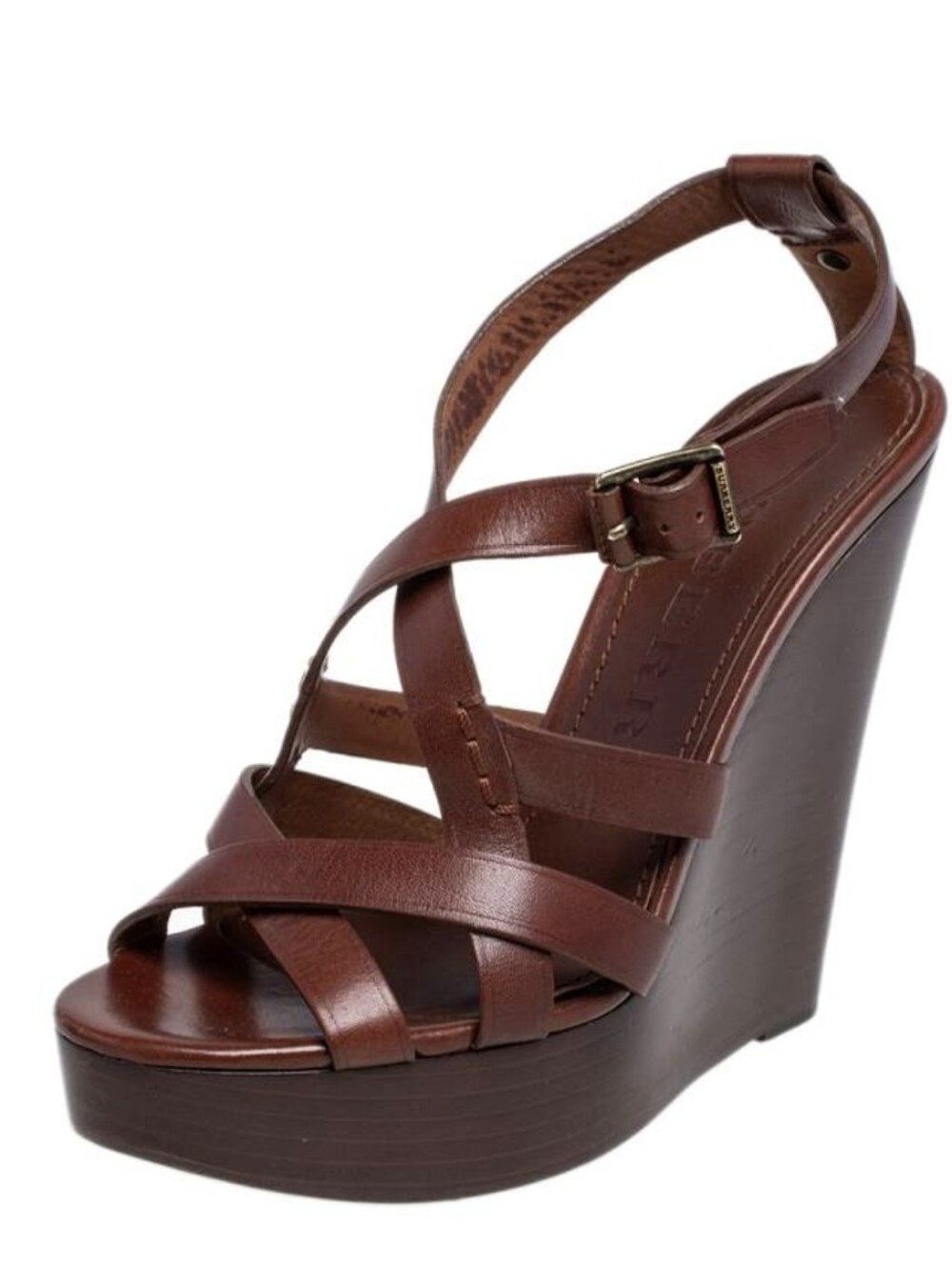 EUC Iconic Brown BURBERRY Delamer Leather Platform Wedge Sandal 39 Runway Heels